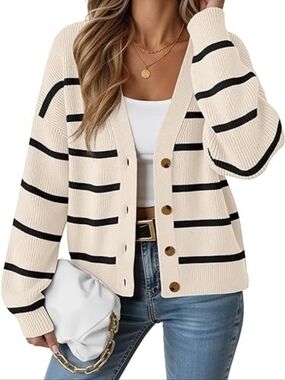 Lillusory Cream Black Stripe Button Cardigan Size L